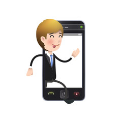 Businessman with realistic phone over white background