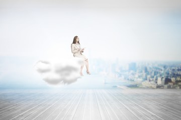 Poster - Composite image of businesswoman holding tablet and looking up