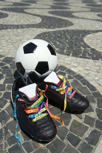 Nowoczesny obraz na płótnie Good Luck Soccer Football Boots Brazilian Wish Ribbons Grass