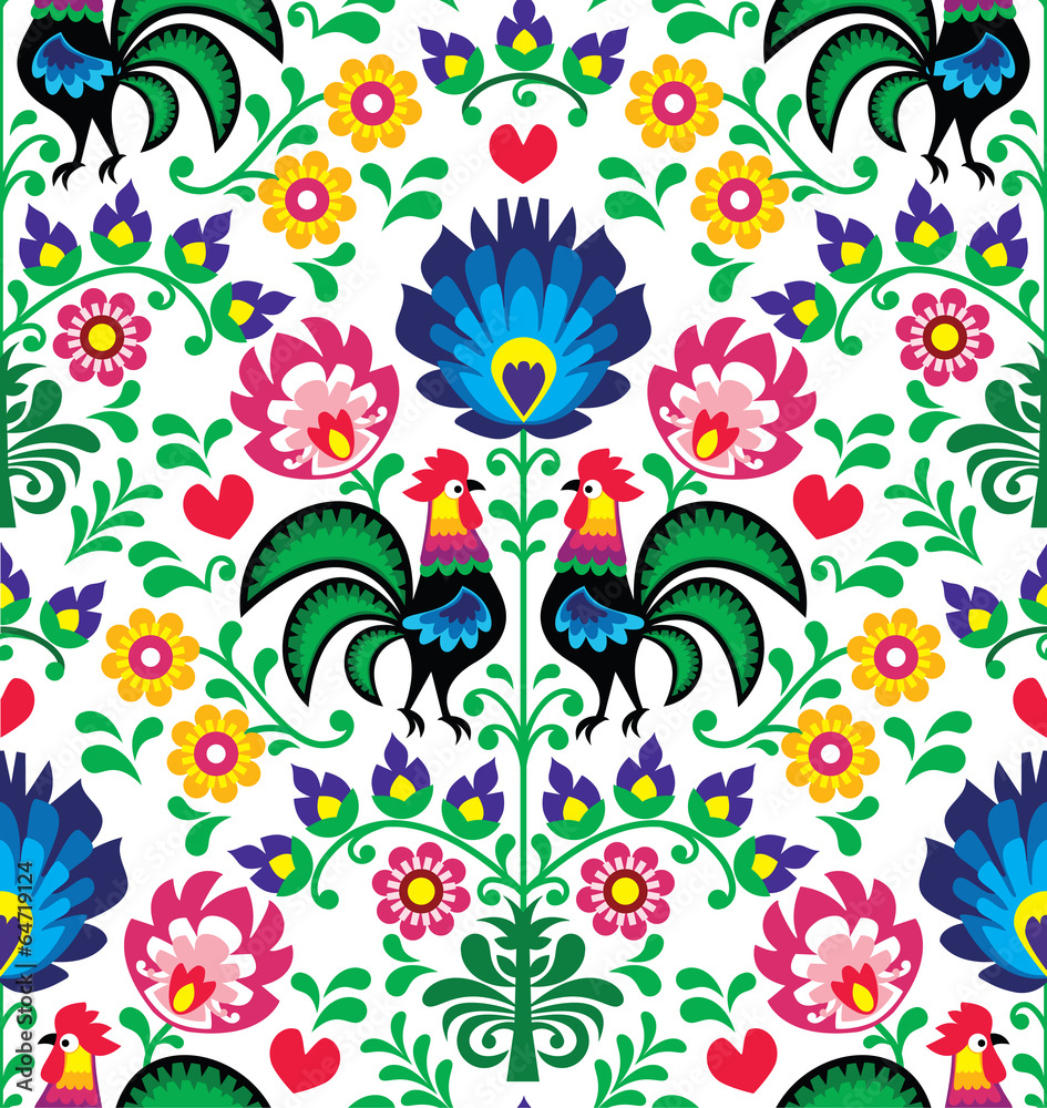 Seamless traditional floral Polish pattern - Wzory Łowickie - obrazy, fototapety, plakaty 