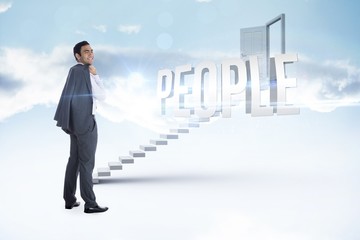 Poster - People against white steps leading to open door