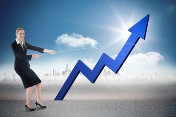 Poster - Composite image of businesswoman pulling a rope around arrow