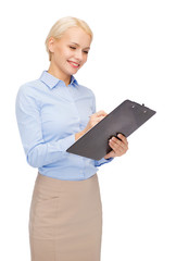 Sticker - smiling businesswoman with clipboard and pen