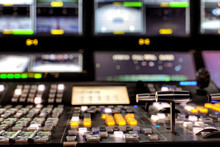 Wide Shot Of Vision Mixing Panel In A Television Gallery.