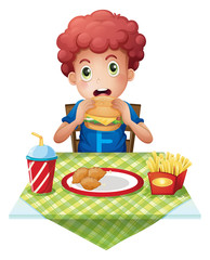 Sticker - A curly-haired boy eating at a fastfood restaurant