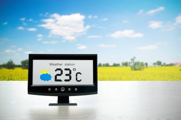 Wall Mural - Weather station device with weather conditions outside backgroun