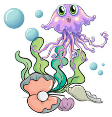 Poster - A squid under the sea with seashells