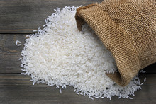 Raw Rice In Canvas Sack