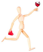 Wooden Dummy With Wine Holding Red Heart