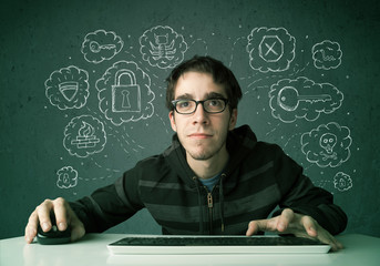 Aufkleber - Young nerd hacker with virus and hacking thoughts