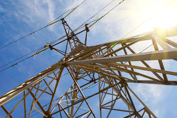 Upward view of the structure under power transmission tower