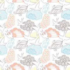 Wall Mural - Birds and clouds seamless pattern