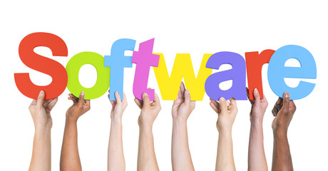 diverse hands holding the word software