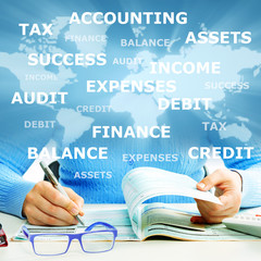 Aufkleber - Hands of business people with calculator.