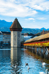 wooden Chapel bridge and old town of Lucerne, Switzerland