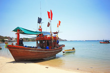 Thai Wooden Boat For Fishing At The Beach, Thailand