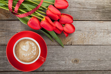 Fresh Red Tulips With Ribbon And Coffee Cup With Heart Shape