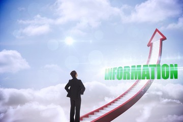 Poster - Information against red stairs arrow pointing up against sky