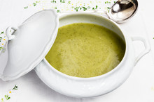 Vegetable Soup In White Porcelain Tureen