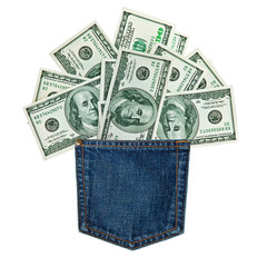 Wall Mural - hundred-dollar bills in jeans pocket isolated on white