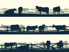 Horizontal Vector Banner Farm Fields With Fence And Farm Animals