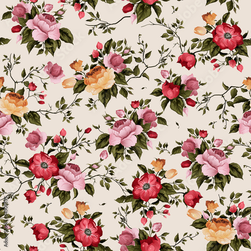 Naklejka dekoracyjna Seamless vector floral pattern with roses on light background