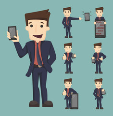 Wall Mural - Set of businessman show tablet and smart phone characters poses