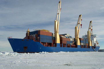 cargo container ship in the sea of Antarctica