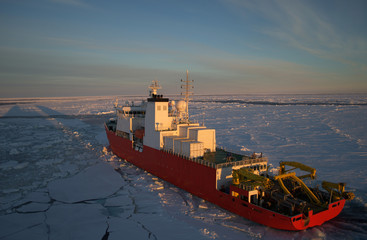 Icebreaker ship in the sea of Antarctic