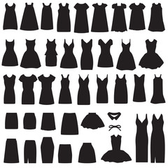 clothing icons, isolated dress and skirt silhouette