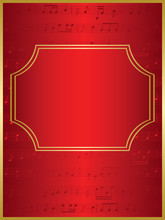 Red Vector Background And Gold Frame With Musical Notes