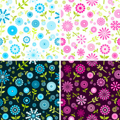 Sticker - Blue and pink flowers set of seamless backgrounds