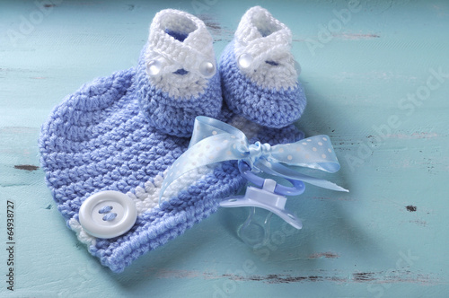 Baby boy nursery blue and white wool booties, dummy and pacifier Slika na platnu