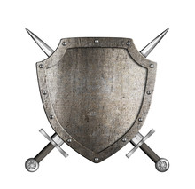 Knight Metal Shield With Crossed Swords Isolated On White
