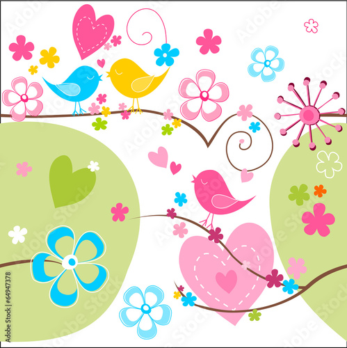 Fotografie, Obraz Whimsical seamless background with cute birds flowers and hearts
