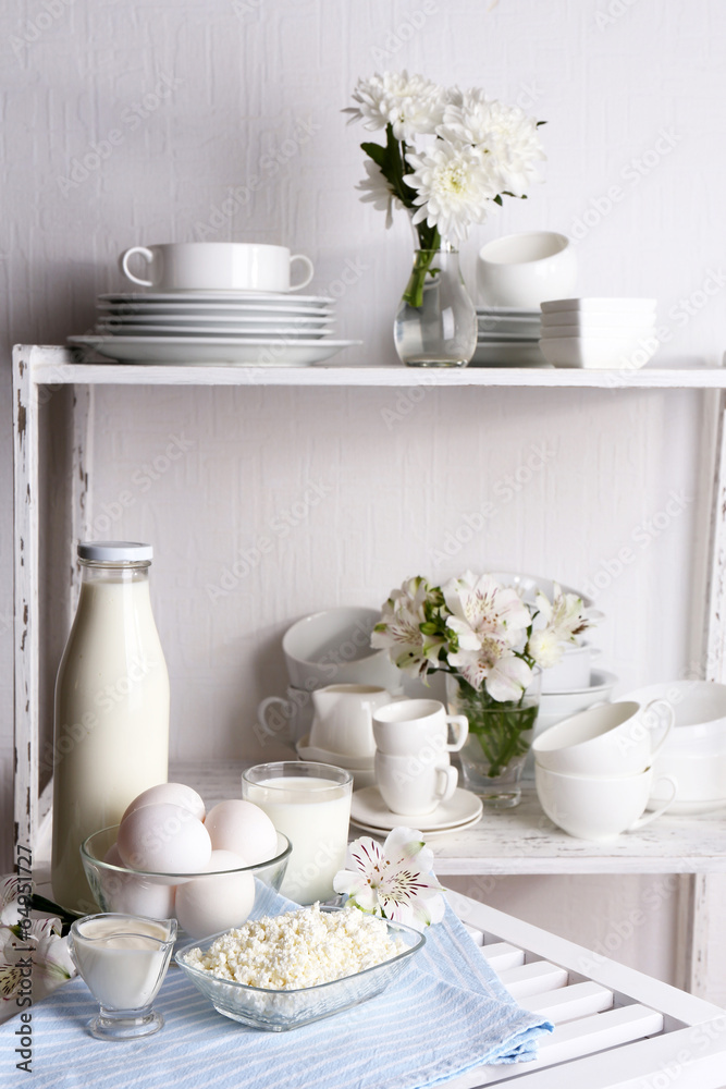 Still life with tasty dairy products on table