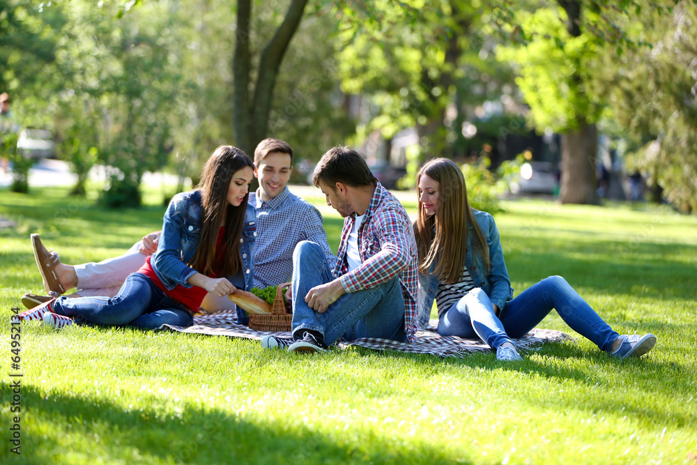 Happy friends on picnic in park