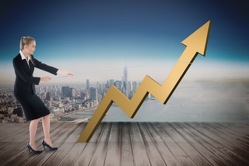 Poster - Composite image of businesswoman pulling a rope around arrow
