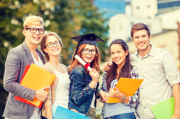 Poster - students or teenagers with files and diploma