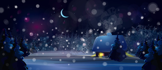 Wall Mural - vector winter night landscape with house in forest.