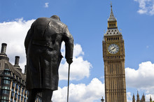 Sir Winston Churchill Statue And Big Ben In London