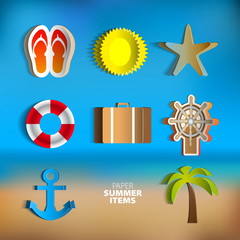 Paper Vector summer poster set made from papercut icons with abs