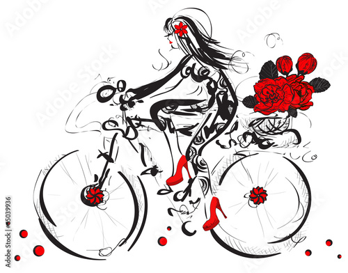 Naklejka dekoracyjna cycling Girl with floral bouquet in sketch-style