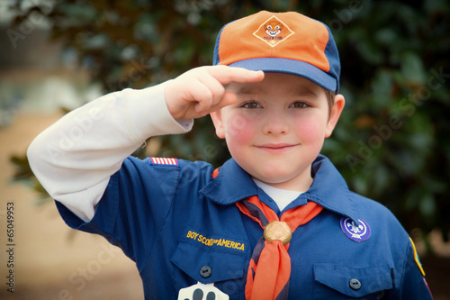 Fotografie, Obraz Cub Scout gives the Boy Scout salute during an outdoor event