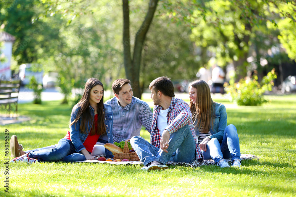Happy friends on picnic in park