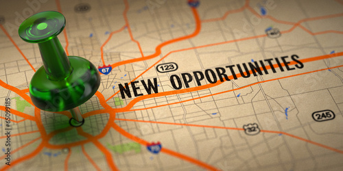 Cuadros en Lienzo New Opportunities - Green Pushpin on a Map Background.