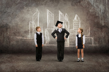 Fototapete - Full-length portrait of little student in academic cap 