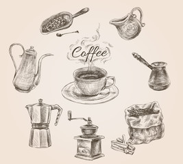 Sticker - Hand drawn retro coffee set