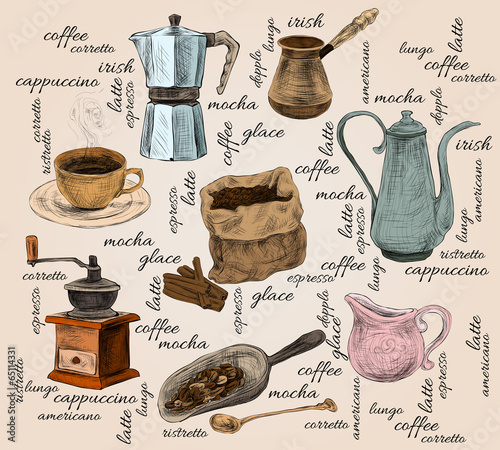 Naklejka - mata magnetyczna na lodówkę Vintage coffee handdrawn set