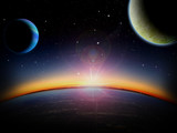 Alien planet city at sunrise or sunset